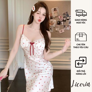 Đầm Ngủ Lụa Hai Dây Đính Nơ LICERIA Có Đệm Ngực, Hàng QC, Váy In Hoạ Tiết Phong Cách Gợi Cảm