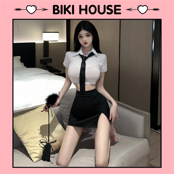 Đồ cosplay sexy thư ký ôm body kèm cà vạt gợi cảm thanh lịch đồ ngủ nữ công sở đen trắng quyến rũ BI