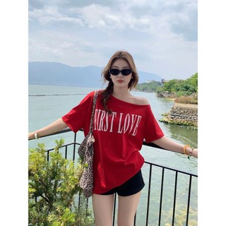  Áo thun nữ ngắn tay lệch vai in hình cá tính ALICEVN Áo thun nữ vai lệch chất cotton chính phẩm 