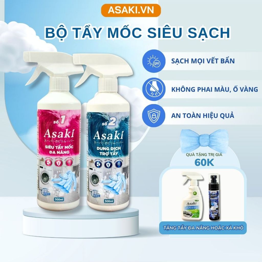 Tẩy Mốc Quần Áo Asaki 1L Tẩy Mốc Ố Vàng Không Phai Màu Dùng Cả Vải Trắng Vải Màu