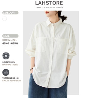 Áo sơ mi nữ tay dài form rộng LAHSTORE vải thô cotton trễ vai đuôi tôm 2 túi ngực ASM24 (Trắng)