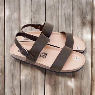 DK15 - Sandal Đế Trấu BIOLINE Official Hai Quai Ngang Da Bò Lót Pu Kem Chống Nước
