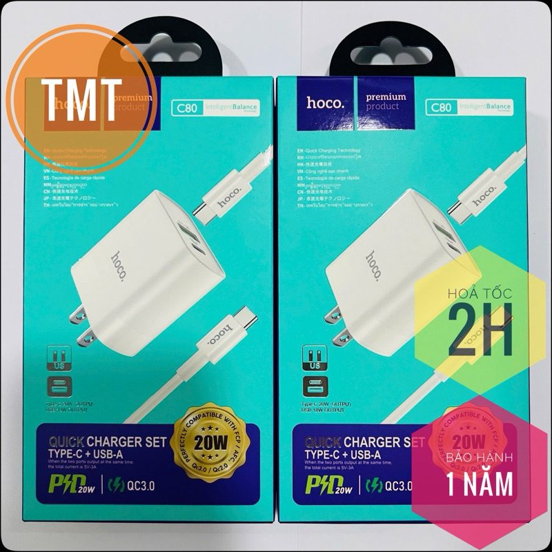 Bộ Sạc Nhanh Hoco C80 2 Cổng USB/TypeC Kèm Cáp Type-C To Type-C/ Type-C to IP dài 1M