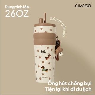 CIVAGO (26OZ) bình giữ nhiệt lót gốm có ống hút siêu cute ly giữ nhiệt lót gốm