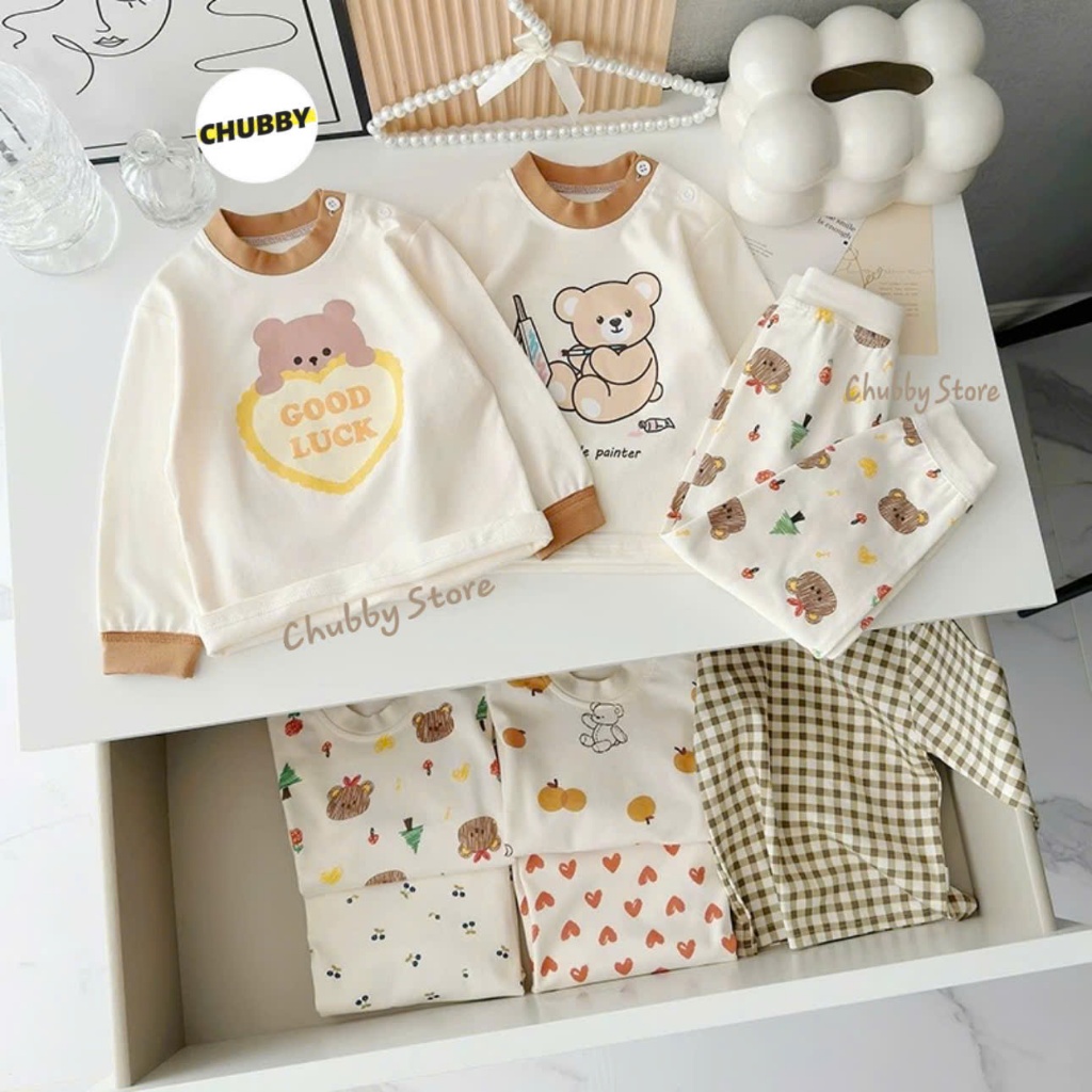 Bộ Dài Tay Thu Đông Mặc Nhà Cho Bé Trai Bé Gái Chất 100% Cotton Mềm Mại, Bộ Ngủ Co Giãn Cho Bé Chubby Store