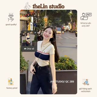 THELINSTUDIO Áo Polo Len Mongtoghi WGWE Cộc Tay Hoạ Tiết Kẻ Thêu Sang Chảnh