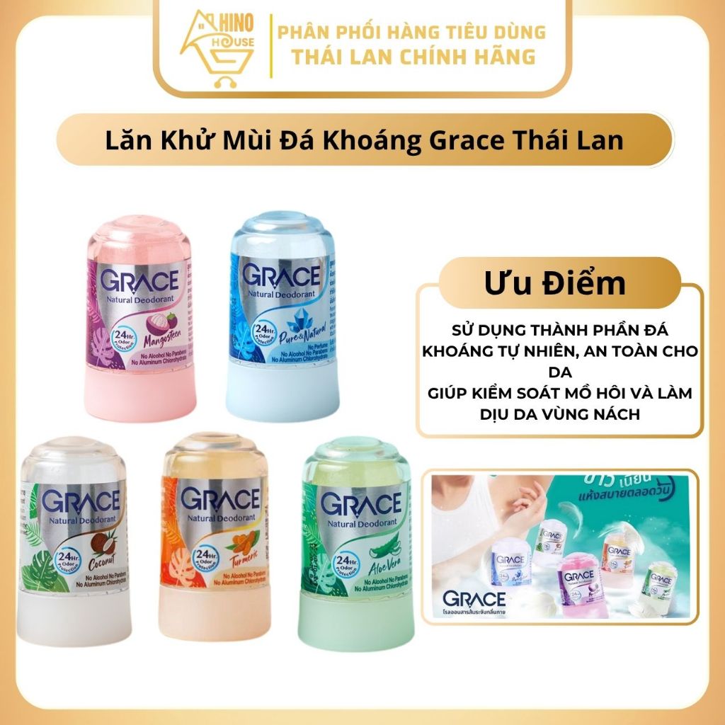 Lăn Khử Mùi Đá Khoáng Grace Natural Deodorant 70g Thái Lan Kiếm Soát Mồ Hôi, Khô Thoáng - Hinohouse