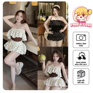 [3 KIỂU MẶC] SET ÁO BÈO XOÈ DÁNG ÔM PHỐI CHÂN VÁY LƯNG CAO DÁNG BÍ HOT by PINKS.tore