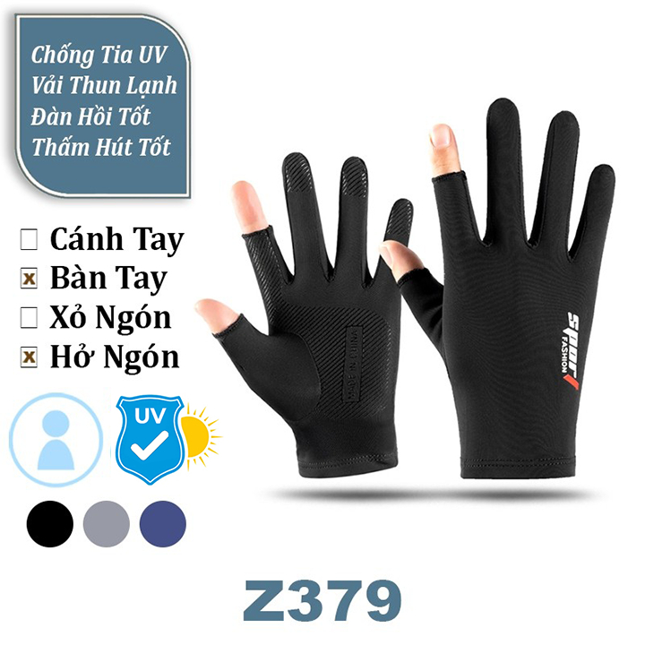 Găng Tay Chống Nắng Xỏ Ngón Vải Thun Lạnh Co Giãn Silicon Chống Trượt ( Bao Tay Xe Máy Đen Cảm Ứng Điện Thoại )