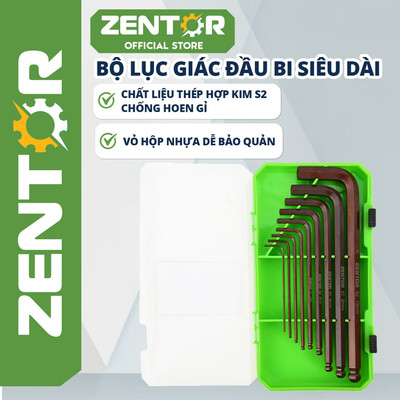 Bộ lục giác vặn ốc Zentor siêu dài đầu bi, đầu bông 9 món đẹp chịu lực tốt đựng trong hộp nhựa