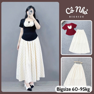 Set Áo Váy Bigsize Nữ Áo Thun Kiểu Kèm Váy Dài Chấm Bi Nhẹ Nhàng Cho Chubby Đi Chơi (G264+CV422)