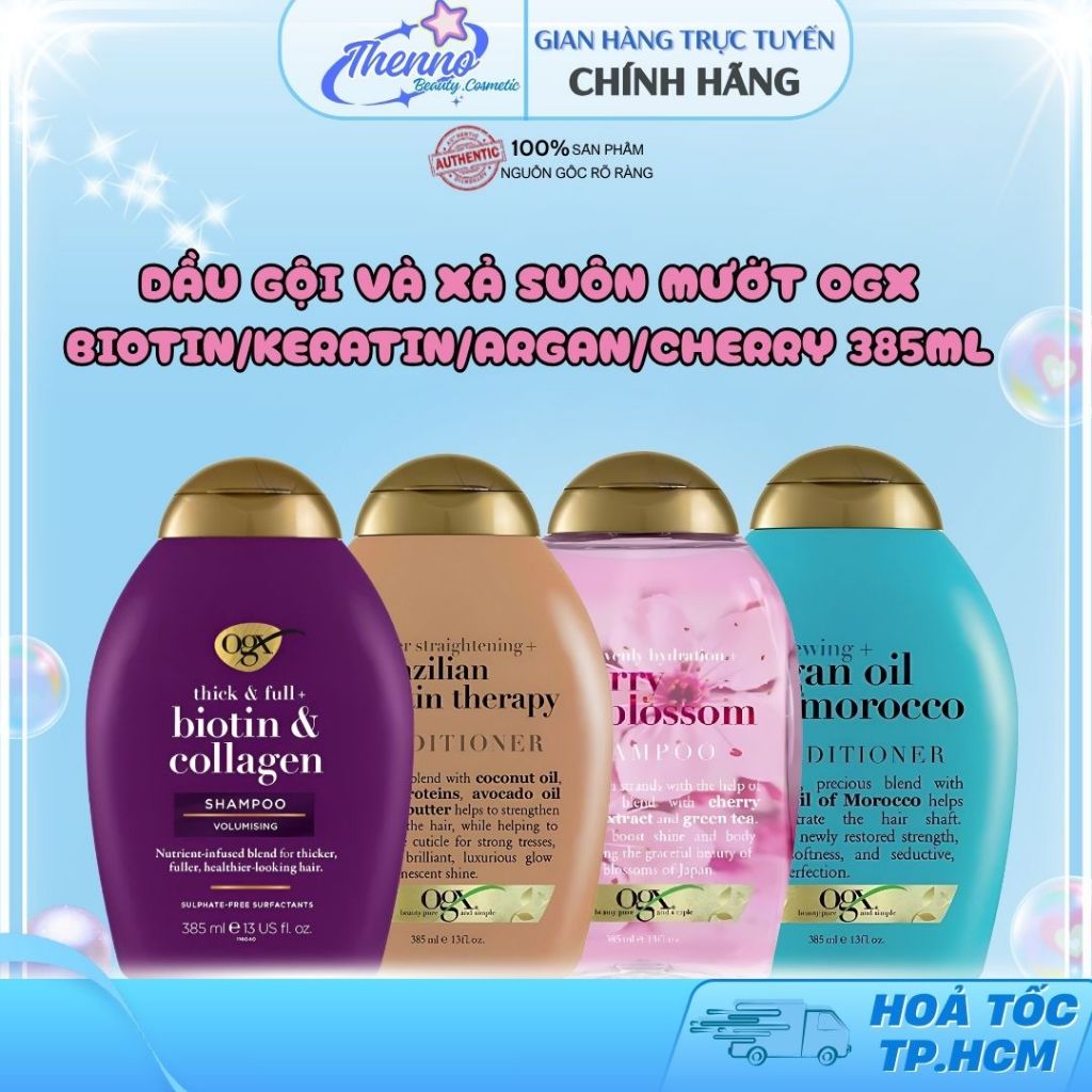 Dầu Gội và Xả Dưỡng Dày Tóc, Cấp Ẩm, Suôn Mượt và Phục Hồi Hư Tổn OGX Biotin/Keratin/Argan/Cherry 38