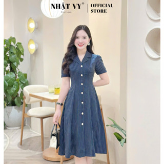 Đầm công sở Nhật Vy sọc đính cúc kiểu form dáng ôm chất lụa phù hợp đi chơi - D3343