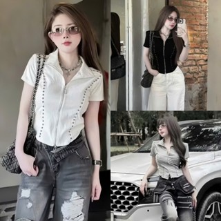 Áo Cộc Tay Kéo Khoá Phối Đinh - A604