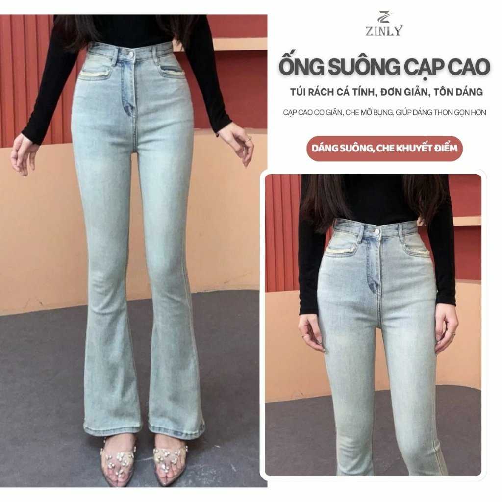 Quần Jean Nữ Ống Loe Cạp Cao Túi Vuông Màu Sáng Có Fom Ngắn 95cm Và Dài 105cm Q370