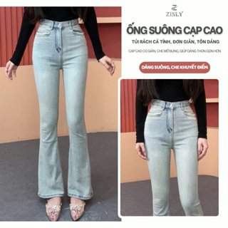 Quần Jean Nữ Ống Loe Cạp Cao Túi Vuông Màu Sáng Có Fom Ngắn 95cm Và Dài 105cm Q370
