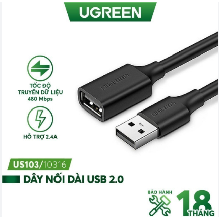 Cáp USB 2.0 nối dài từ 0.5m - 3m 480 Mb/s chính hãng Ugreen cao cấp Phân Phối Chính Hãng BH 18 Tháng