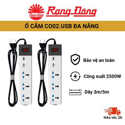 Ổ cắm điện Rạng Đông OC02.USB đa năng, chịu tải tốt, chống giật, tích hợp 2 cổng USB tiện lợi, tiết kiệm không gian