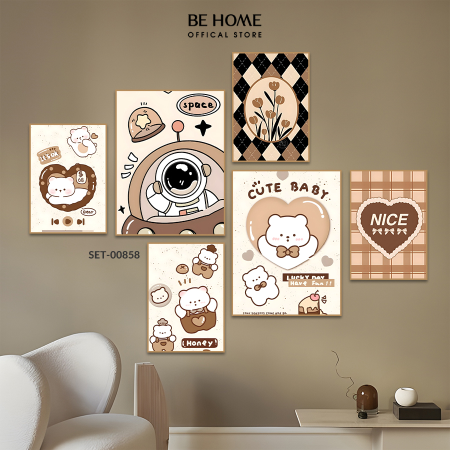 Set 6 Tranh Dán Tường Dễ Thương, Trendy, Trang Trí Phòng Ngủ, Phòng Bé, Spa, Livestream - Behome Dec