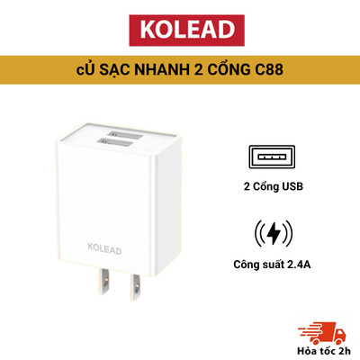Củ sạc 2 cổng KOLEAD C88 sạc nhanh 2.4A 2 cổng USB, thiết kế nhỏ gọn, chống chai pin, hạn chế nóng máy cho điện thoại