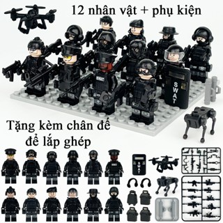 Đồ chơi lắp ráp 12 cảnh sát kèm máy bay UAV KAVY vũ khí, chú chó robot có tấm đế trưng bày