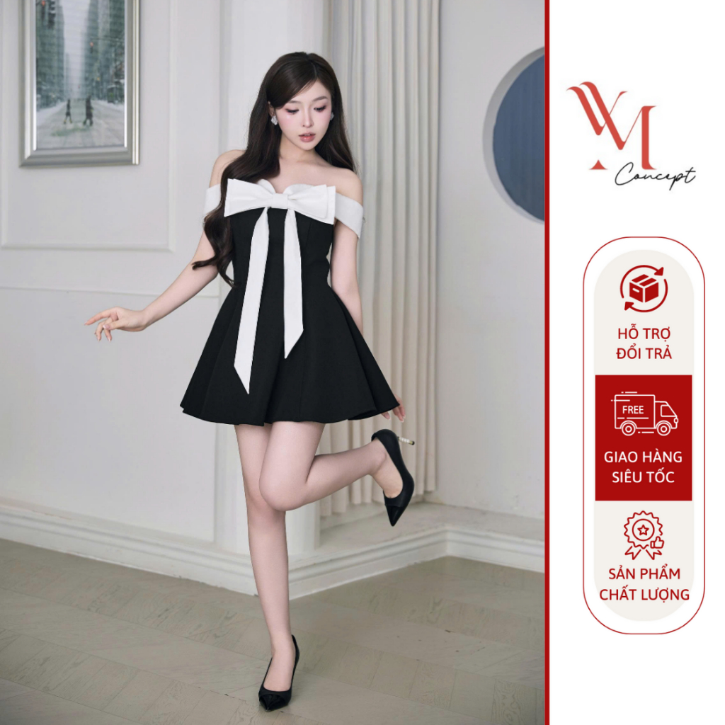 YM Concept Đầm Trễ Vai Phối Trắng Đính Nơ Dáng Xoè - Đi Tiệc Sang Trọng Thanh Lịch D1212