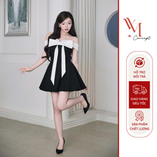 YM Concept Đầm Trễ Vai Phối Trắng Đính Nơ Dáng Xoè - Đi Tiệc Sang Trọng Thanh Lịch D1212