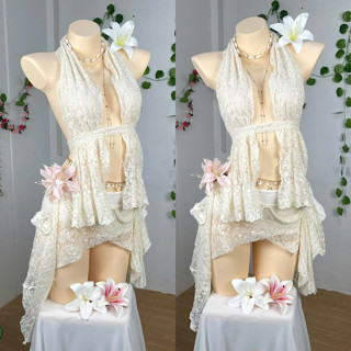Set Bikini Áo Cổ V Dài Hở Vai Kèm Chân Váy Tua Rua Vải Ren MELLYSTORE Cao Cấp Đẹp Quyến Rũ ,Sang Trọng
