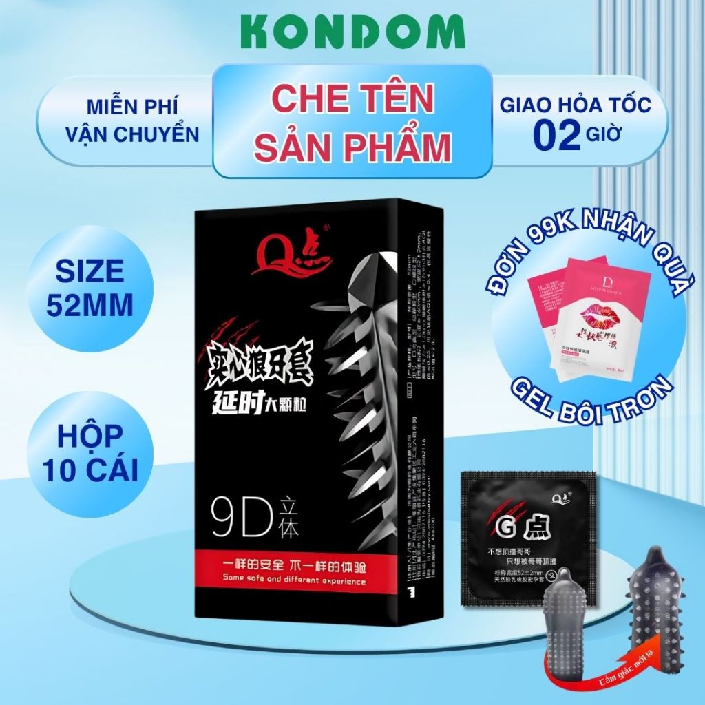 Bao cao su bi 9D hộp 12 chiếc size 52mm BCS kéo dài quan hệ siêu kích thích pha lê nhiều gel