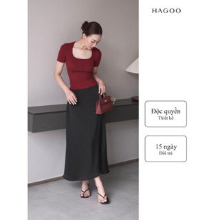 Áo thun cộc tay nữ cổ U 4 màu Đen/ Trắng/ Đỏ/ Nâu HAGOO phong cách công sở thanh lịch [A659]