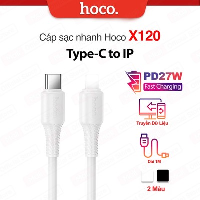 Cáp sạc nhanh PD27W Hoco X120 TypeC to IP dây dẻo siêu bền dùng cho ip6/7/8/X/11/12/13/14 dài 100CM