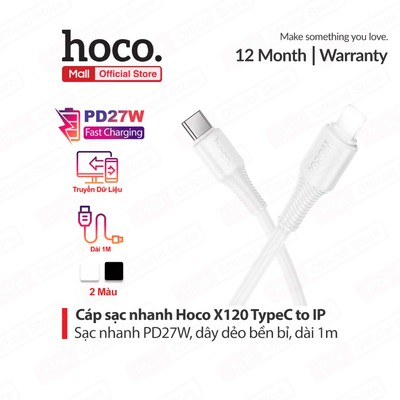 Cáp sạc nhanh Hoco X120 PD27W TypeC to IP dây dẻo siêu bền dùng cho ip6/7/8/X/11/12/13/14 dài 100CM
