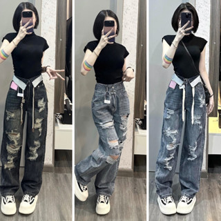 Quần jean nữ rách ELWYN quần jean nữ ống suông rách gối nhiều cạp cao nữ 2 màu xanh đen ánh rêu size S M L SPG3