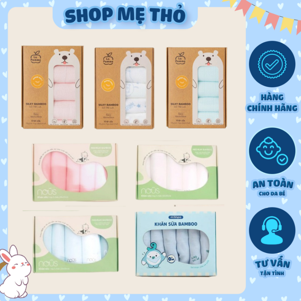 [Nous La Pomme Mompa] Set 5 khăn sữa khăn xô Nous La Pomme Mompa muslin bamboo sợi tre siêu mềm ko x