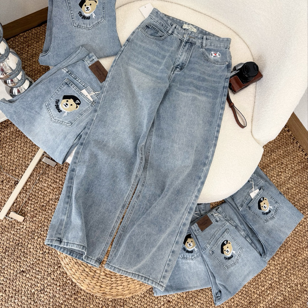 [Q25] Quần jean ống suông nữ ống rộng lưng cao thêu túi sau hình gấu 94-95cm phù hợp cho nấm lùn Lin Boutique