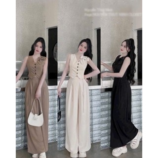 Set bộ thời trang nữ chất cotton lạnh áo không tay cổ V phối quần dài ống rộng đính nơ vai thiết kế 3 màu xinh xắn