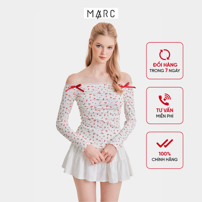 MARC FASHION Áo Thun Hoa Trễ Vai Tay Dài Viền Ren Đính Nơ - CBQT030725