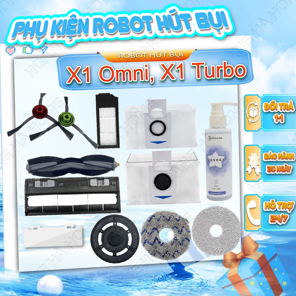 Phụ Kiện Robot Hút Bụi Ecovacs Deebot X1 Omni X1 Turbo, Khăn Lau Chổi Giữa Chổi Cạnh Túi Rác Màng Lọc Hepa Nước Lau Sàn
