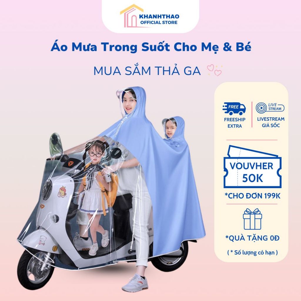 Áo mưa nửa trước trong suốt cho Mẹ và Bé, che phủ toàn thân, kèm kính chắn mưa có thể tháo rời