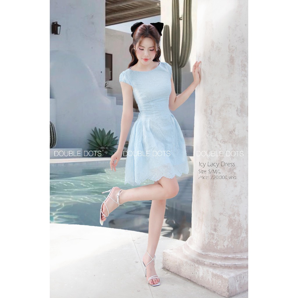 DOUBLE DOTS-VÁY ICY LACYxanh Baby Blue dáng A tay hến cài khuy sau, thắt nơ lưng
