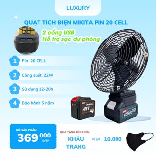 Quạt Tích Điện Pin 10 Cell Dùng Liên Tục 8H, Pin Makita, Quạt Khung Kim Loại 2 Cấp Độ Gió Siêu Mát