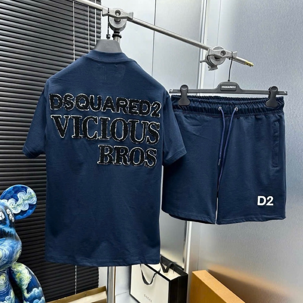 Đồ bộ quần áo nam mùa hè PB cotton thêu logo D2 ngực phối chữ bông xù sau lưng dày dặn boy phố BH278P