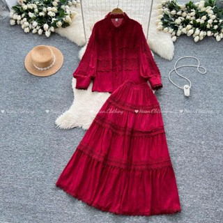  HA6014  Sẵn một số màu  Set áo sơ mi nữ dài tay thêu ren hoa + chân váy maxi dài xếp tầng freesize nhiều màu 