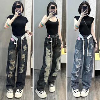 Quần jean rách gối MELINA quần bò nữ ống rộng đai bản to đen ánh rêu xanh nhạt size S M L SPG2