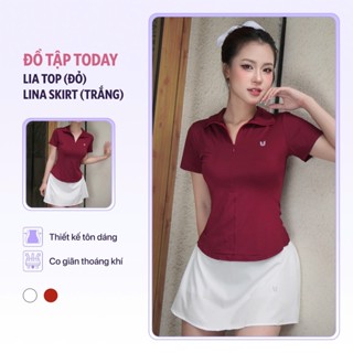 Set đồ tập thể thao pickleball áo Lia Top đỏ mix chân váy Lina Skirt trắng Today U Wear