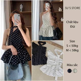Áo Lệch Vai Chấm Bi Nhúm Hông Kèm Dây Nơ Susstore A3087 Thời Trang Nữ