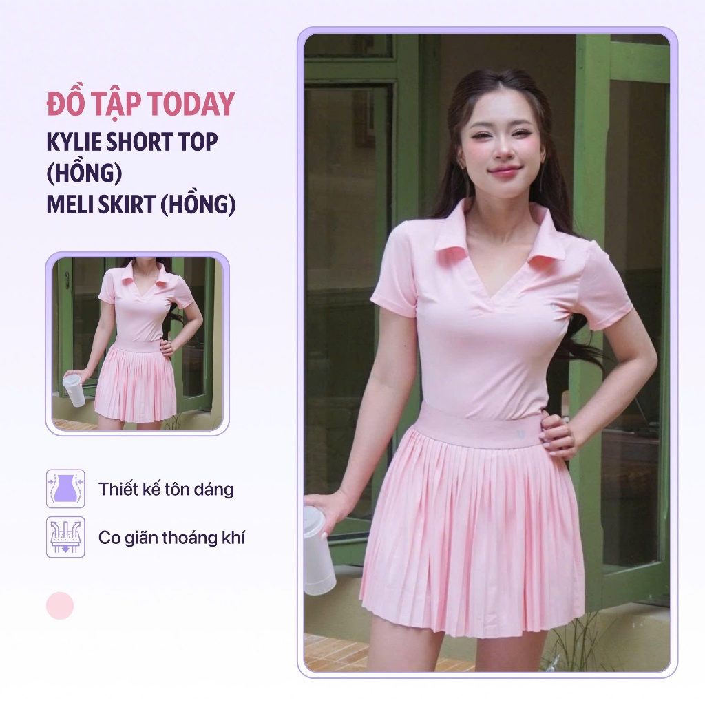 Set bộ đồ tập thể thao pickleball Kylie Short hồng mix chân váy Meli hồng Today U Wear
