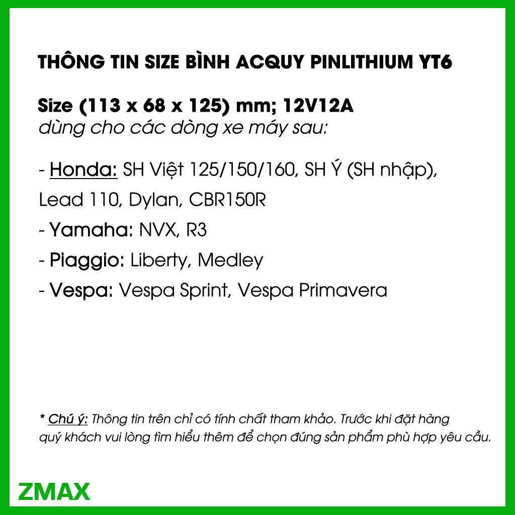 Pin lithium LiFePO4 dùng cho xe máy 12V 6Ah, Size YT6