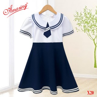 Đầm liền đồng phục cho bé gái đi học Amazing, tùng xếp ly và tùng xéo, có dây thắt lưng và khóa kéo