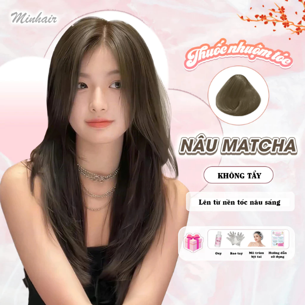 Thuốc Nhuộm Tóc Màu NÂU MATCHA Không Tẩy | Minhair tặng kèm bao tay bịt tai
